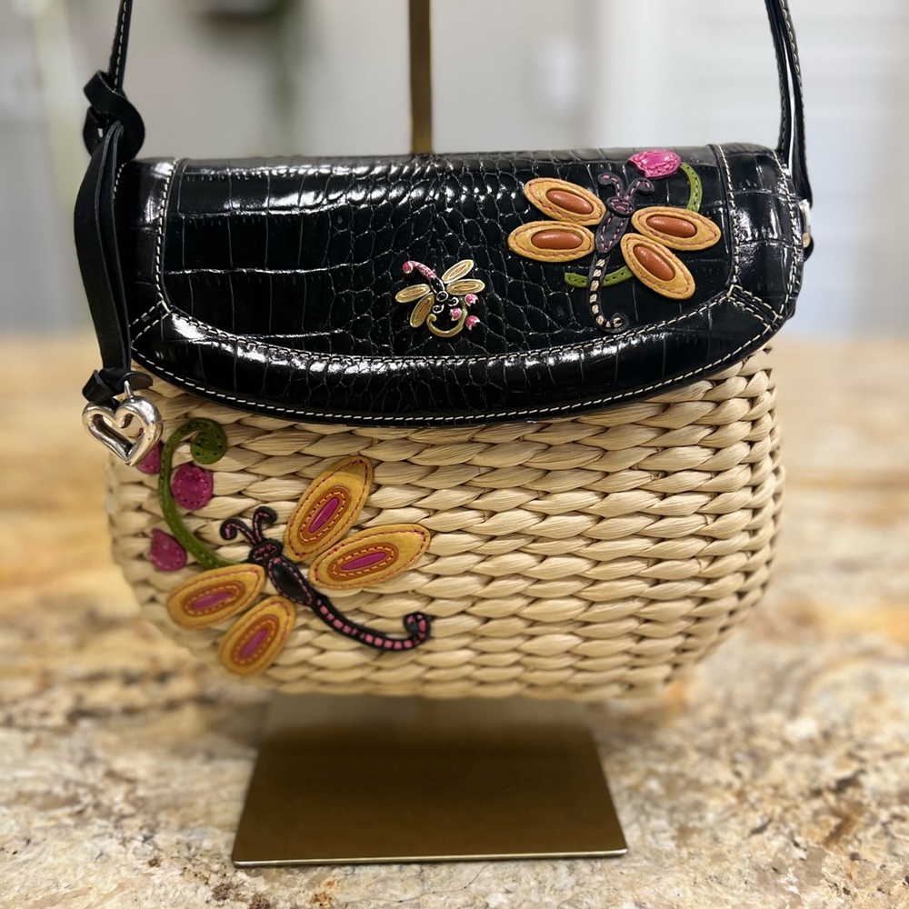 Brighton dragonfly purse in straw and black leather